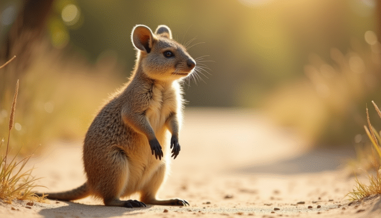 Quokka debout sur un chemin ensoleille avec fond flou naturel