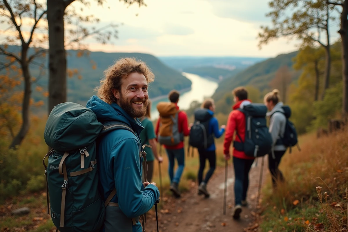 Groupe de randonneurs prenant un selfie en forêt