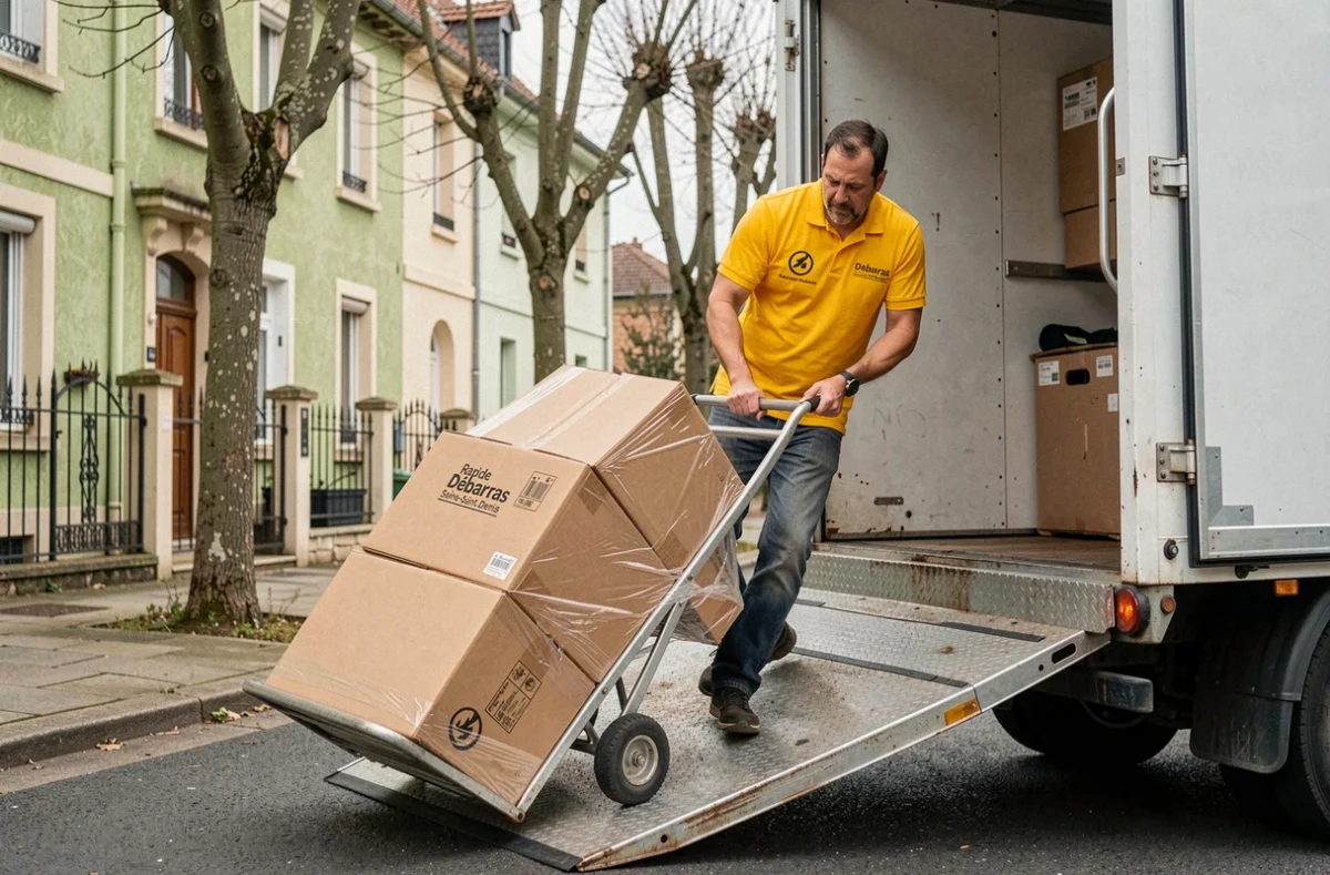 Employé de Rapide Débarras Seine-Saint-Denis descendant des cartons d'un camion devant un pavillon