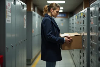 Femme en manteau navy récupérant un colis dans un foyer urbain