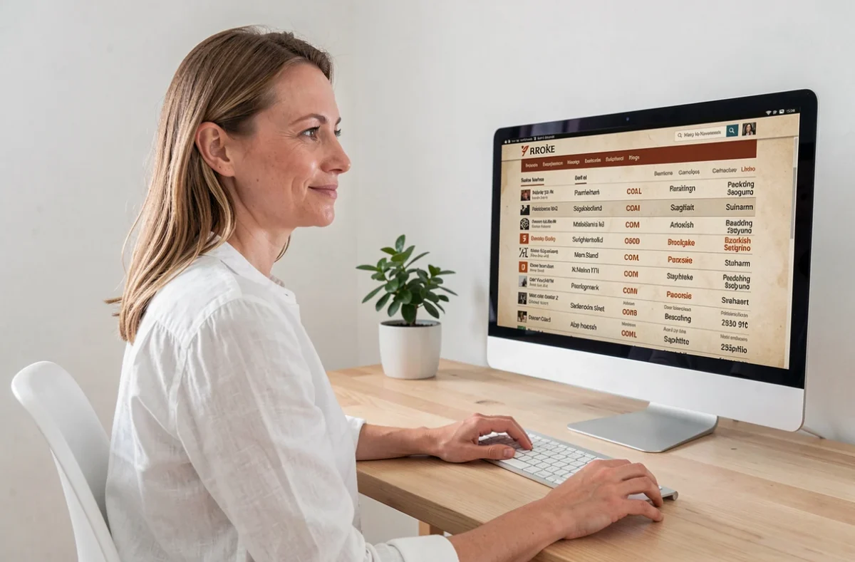 Femme retrouvant ses anciens pseudos sur un site d'archive de forum depuis son bureau à domicile