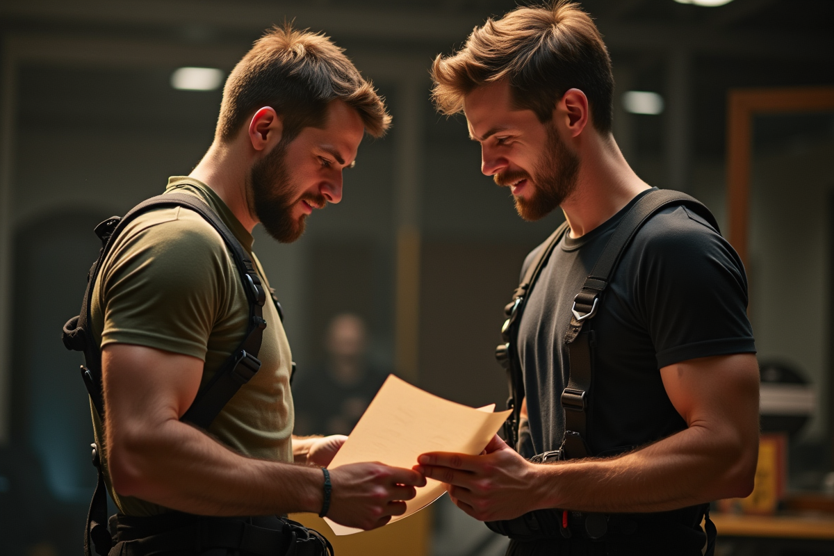 Deux hommes discutant du script en coulisses