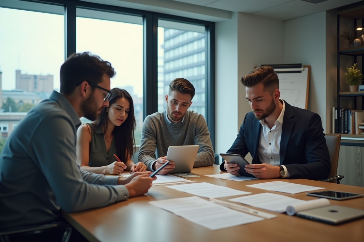 Groupe de trois personnes collaborant autour d une table de réunion