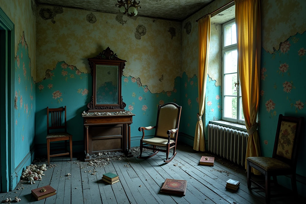 Salle victorienne décrépite avec miroir poussiéreux et accessoires vintage dans un manoir hanté parisien