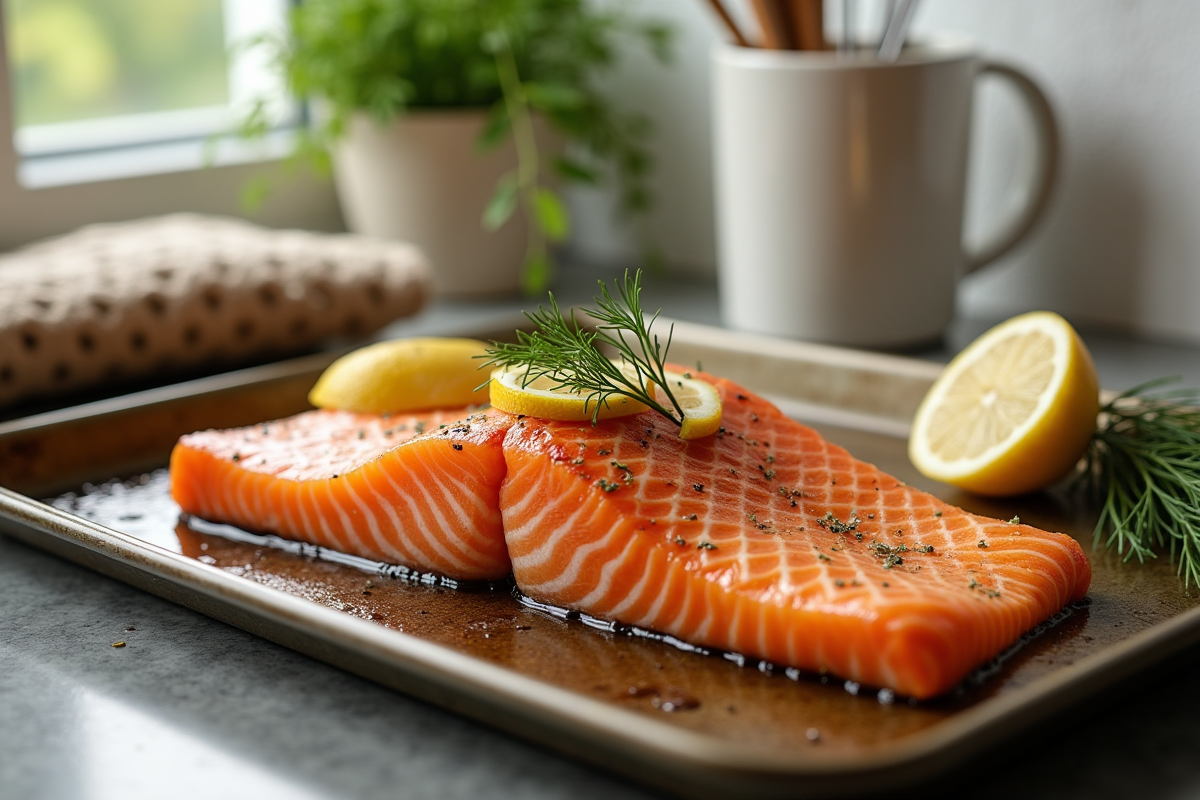 Saumon frais cuit avec citron et aneth dans une cuisine lumineuse