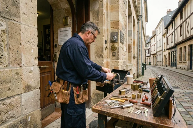 Serrurier professionnel au travail devant un immeuble normand typique en Seine-Maritime