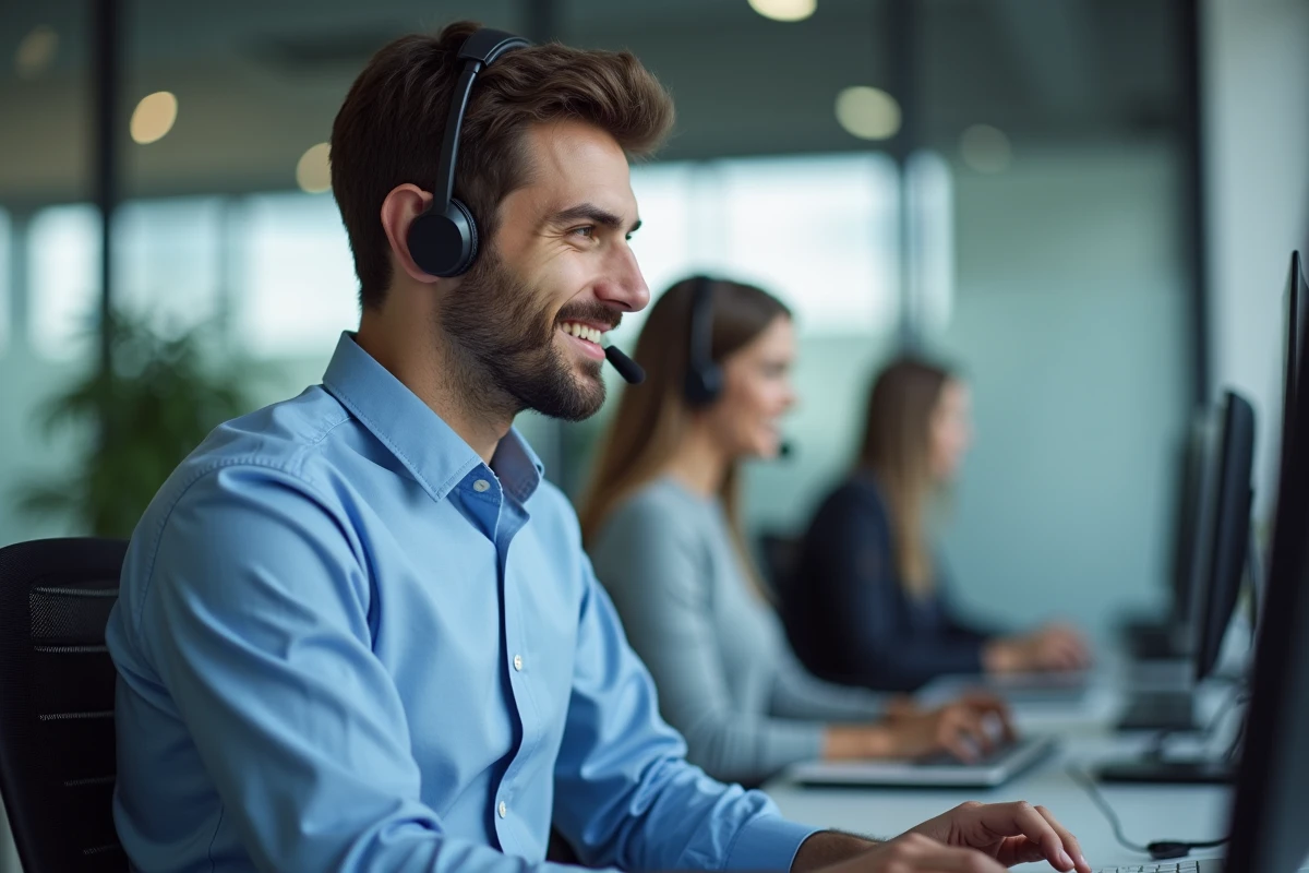Représentant service client avec casque au bureau