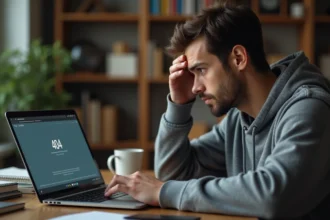 Homme frustré devant un écran d'ordinateur affichant une erreur de site inaccessible
