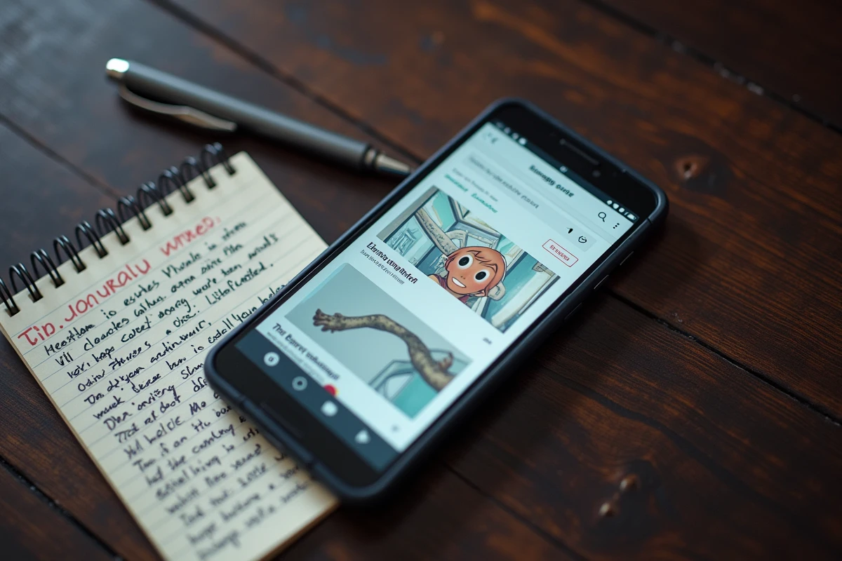 Smartphone affichant un site sécurisé HTTPS avec des notes manuscrites sur la vérification des URL de streaming manga