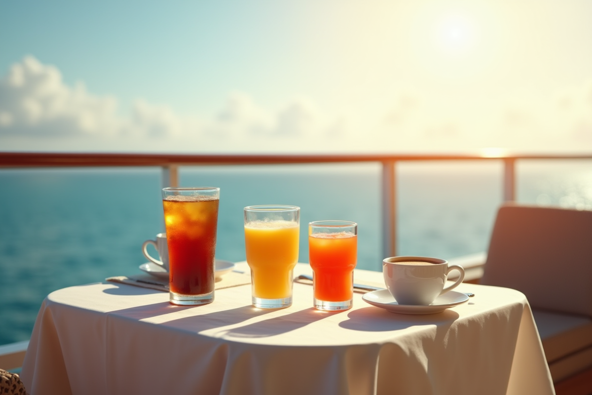 Table sur le balcon d un bateau avec boissons et vue sur la mer