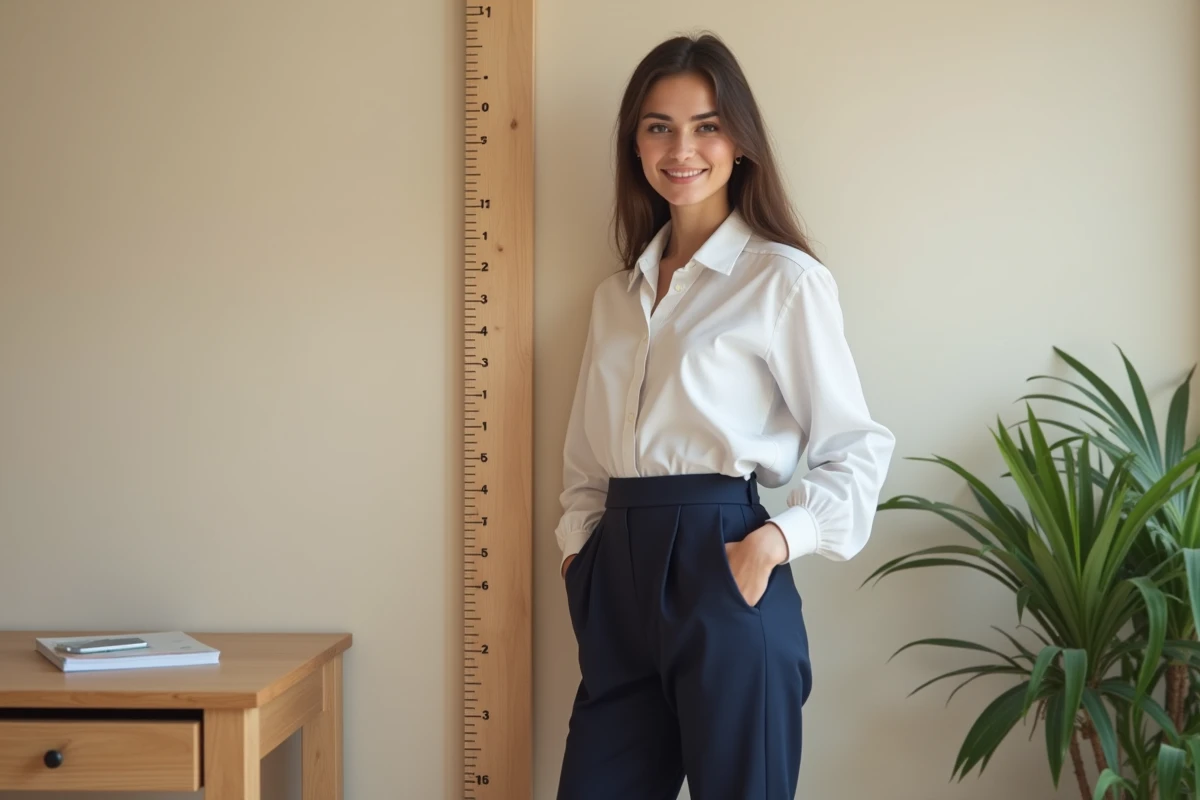 Femme adulte française se faisant mesurer la taille dans un cabinet médical pour illustrer la taille moyenne en France