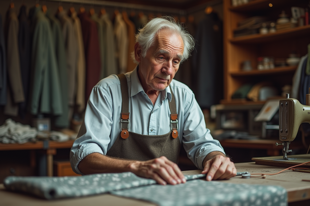 Tailleur âgé mesurant un tissu dans son atelier vintage