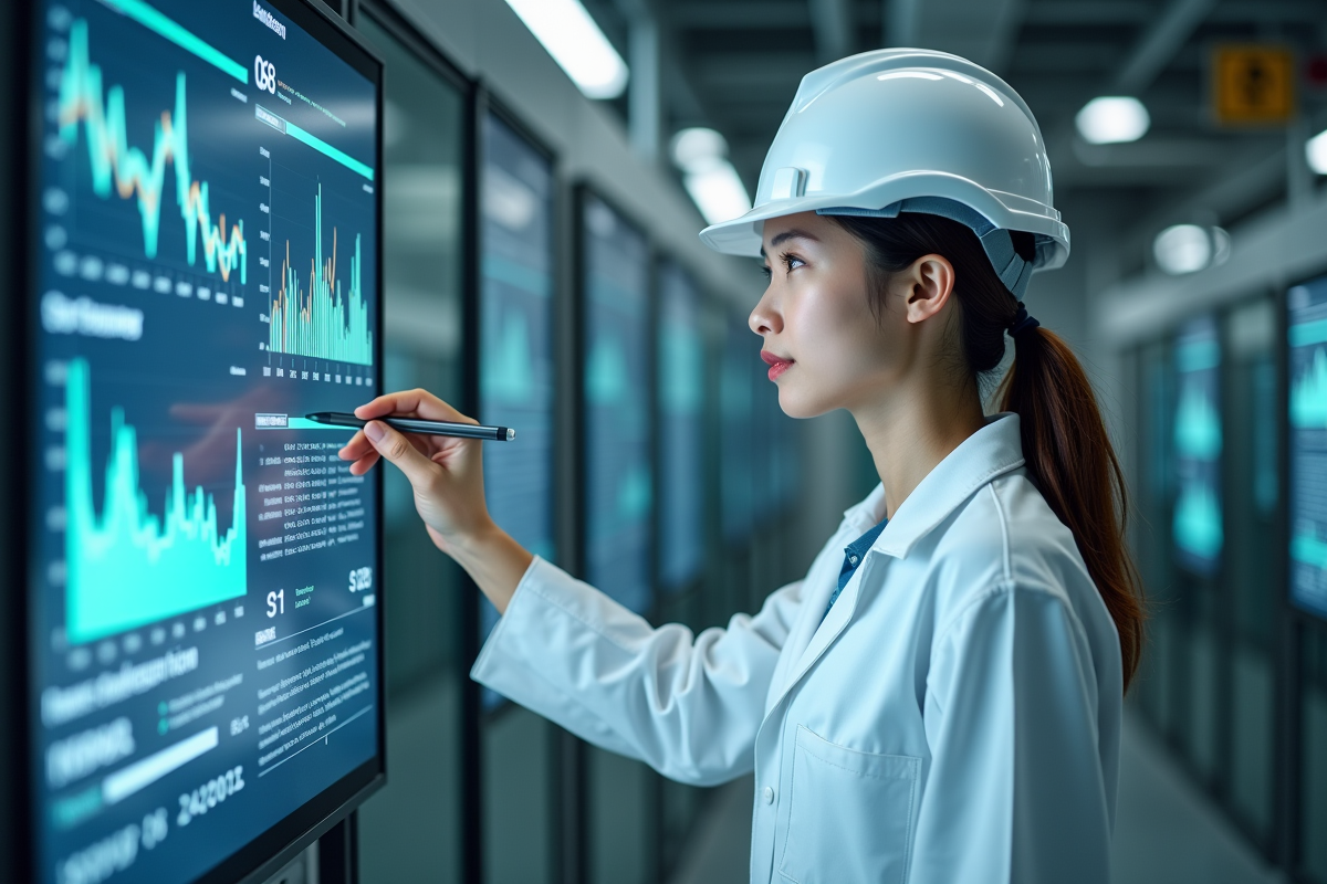 Technicienne en blouse analysant des graphiques d energie