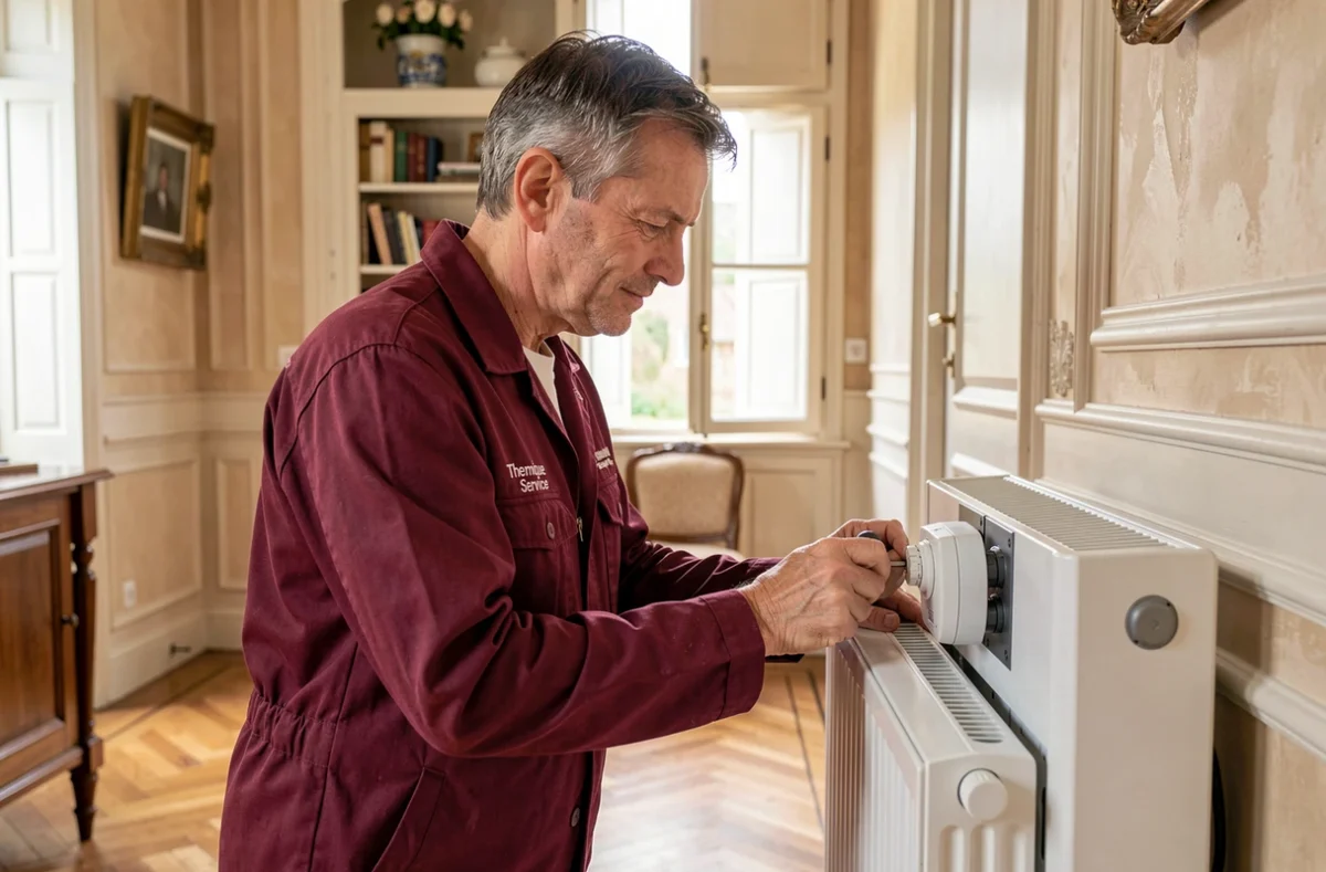 Spécialiste de Thermique Service réglant des vannes thermostatiques sur un radiateur dans un salon de maison bourgeoise en Dordogne