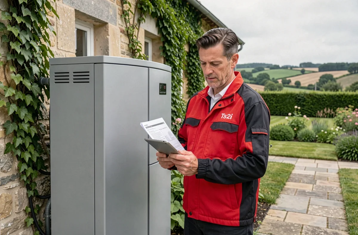 Technicien Ts2i debout devant une pompe à chaleur installée dans le jardin d'une ferme en pierre en Dordogne