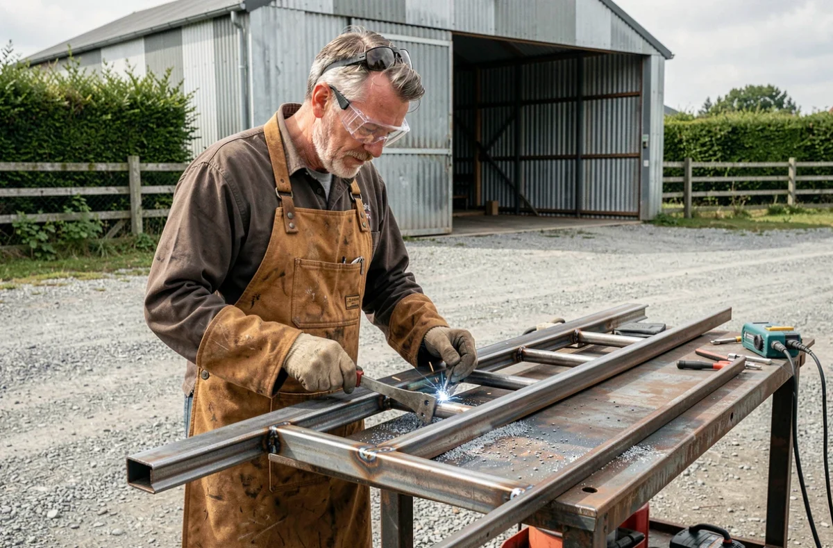 Serrurier-soudeur inspectant un portail métallique soudé dans son atelier à Notre-Dame-de-Bondeville