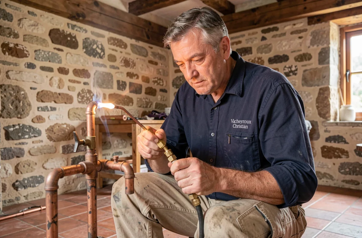Artisan plombier Vacheyroux Christian soude des tuyaux en cuivre dans une maison traditionnelle en pierre en Dordogne