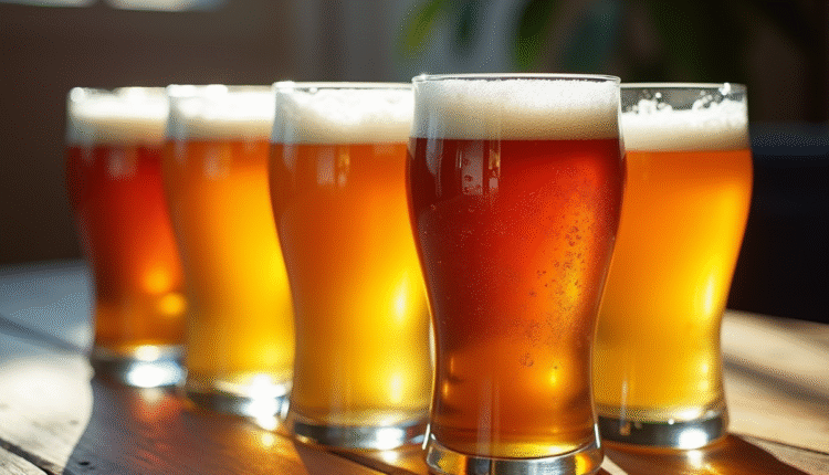 Différentes bières IPA dans des verres variés sur une table en bois