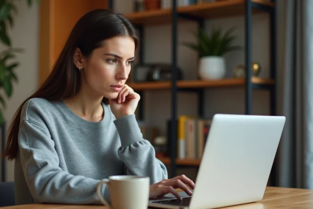 Femme sceptique vérifiant des actualités peoples sur un ordinateur portable dans un bureau à domicile