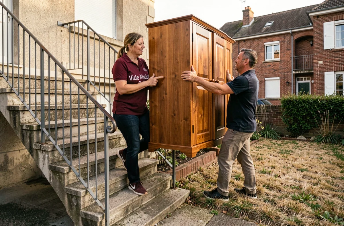 Responsable de Vide Maison 93 dirigeant le déplacement d'une armoire dans un pavillon de banlieue