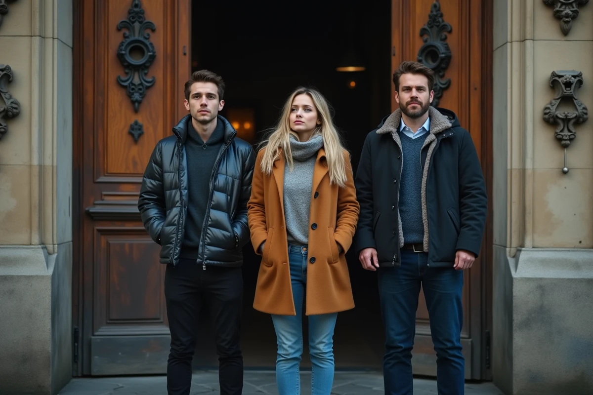 Groupe de visiteurs adultes devant l'entrée du Manoir de Paris avec façade en pierre et portes anciennes