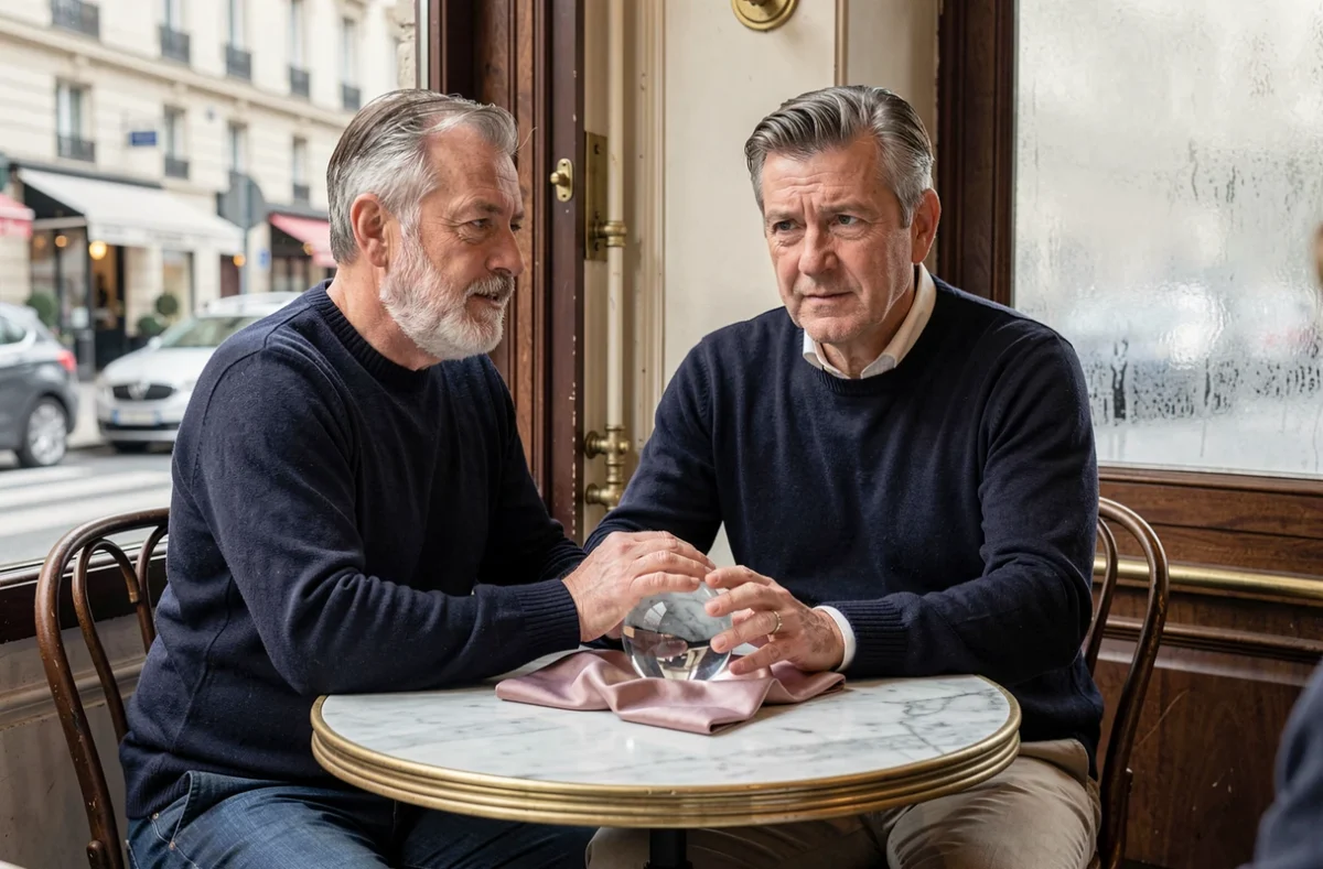 Voyant masculin concentré sur une boule de cristal dans un café parisien à l'atmosphère intime