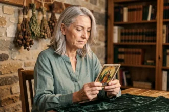 Femme voyante assise à une table rustique tenant une carte de tarot dans une pièce chaleureuse aux murs en pierre