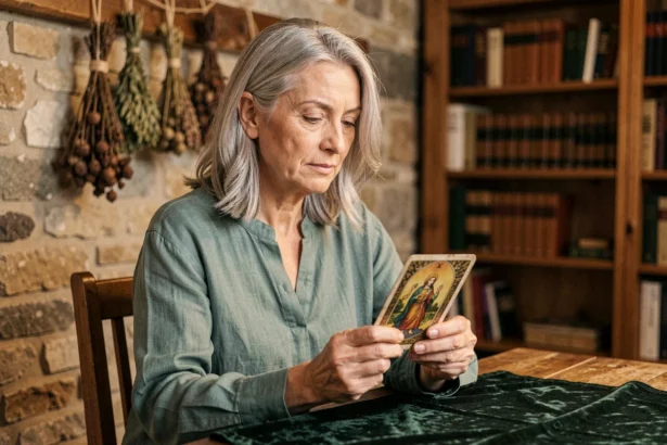 Femme voyante assise à une table rustique tenant une carte de tarot dans une pièce chaleureuse aux murs en pierre
