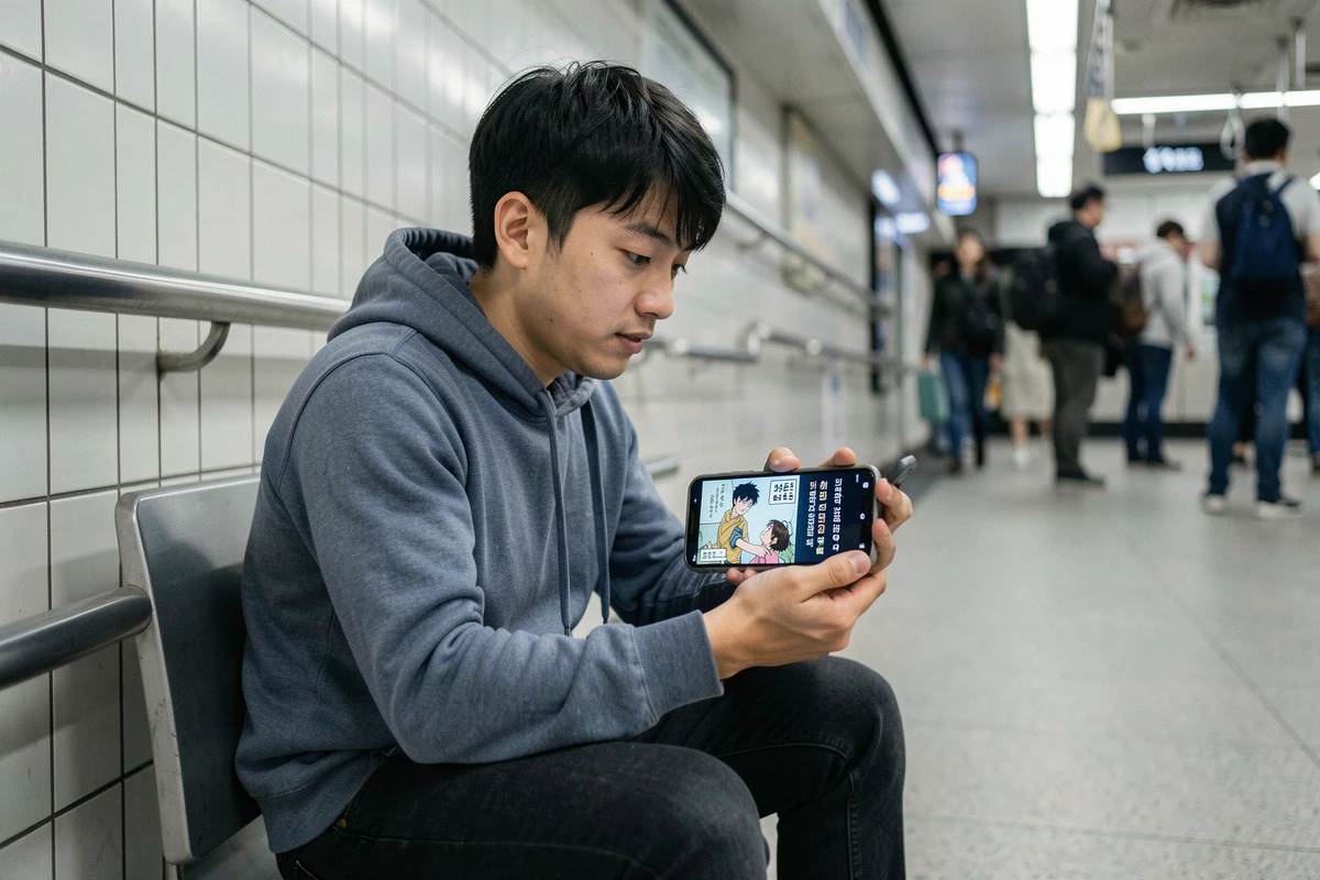 Homme lisant un webtoon en VO coréenne traduit en français sur smartphone dans le métro