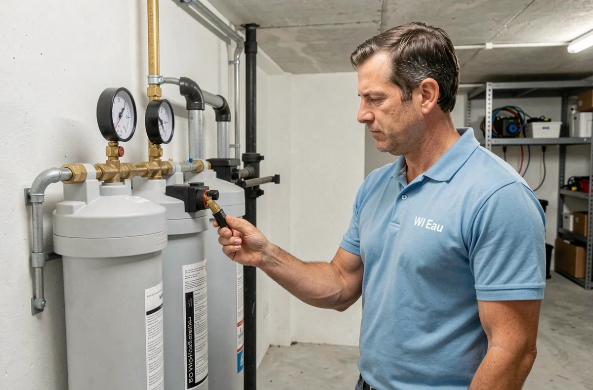 Technicien WI Eau vérifiant un système de filtration d'eau dans le sous-sol d'une maison moderne en Dordogne